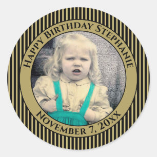 Your Photo Simple Stripes Pattern Black/Gold Classic Round Sticker