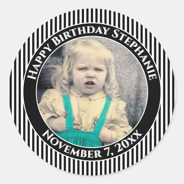 Your Photo Simple Stripes Pattern Black/White Classic Round Sticker (Front)