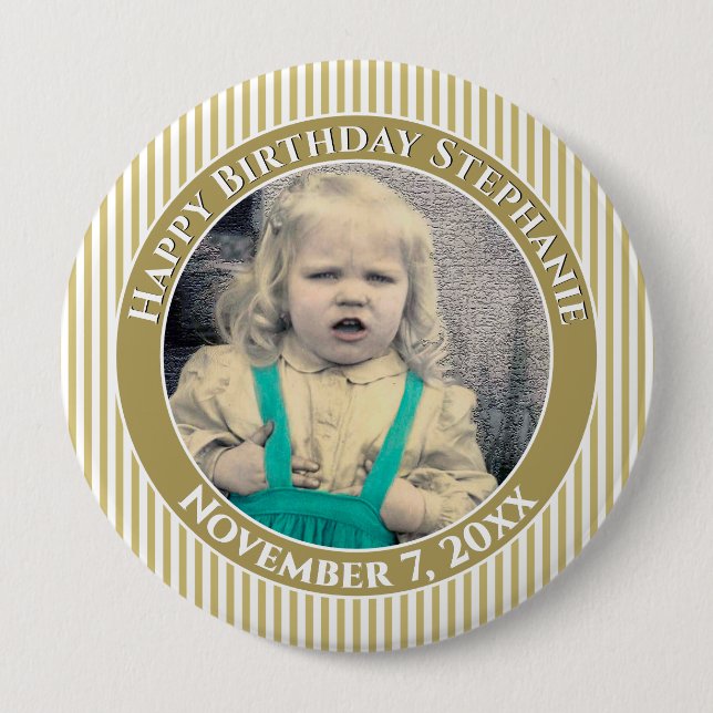 Your Photo Simple Stripes Pattern Gold/White 10 Cm Round Badge (Front)