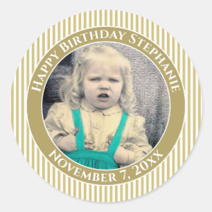 Your Photo Simple Stripes Pattern Gold/White Classic Round Sticker
