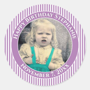 Your Photo Simple Stripes Pattern Lavender/White Classic Round Sticker