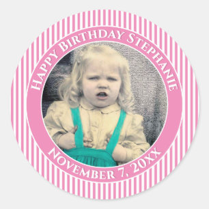 Your Photo Simple Stripes Pattern Pink/White Classic Round Sticker
