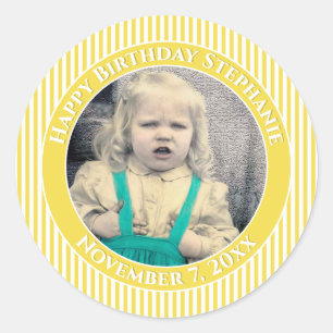 Your Photo Simple Stripes Pattern Yellow/White Classic Round Sticker