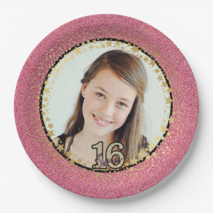 Your Photo Sweet 16 with Pink Glitter Bowl Paper P Paper Plate