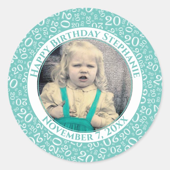 Your Photo Teal/White 20 Random Number Pattern  Classic Round Sticker (Front)