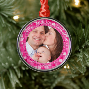 Your Photo & Text - Duo-tone Fuchsia Tile Pattern Metal Ornament