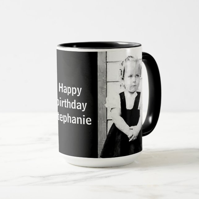 Your Photo Text Happy Birthday Simple Black/white Mug (Front Right)