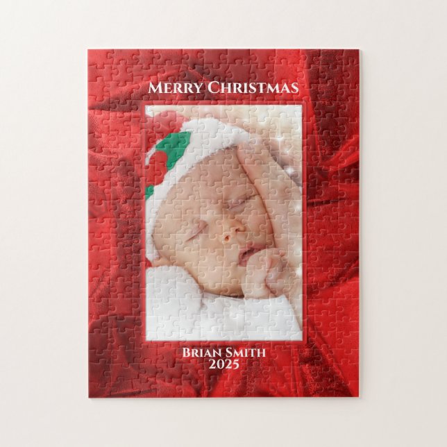Your Photo Text - Holiday Red Metallic Jigsaw Puzzle (Vertical)