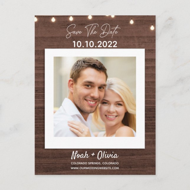 Your Photo Twinkle Light Rustic Wood Save The Date Announcement Postcard (Front)