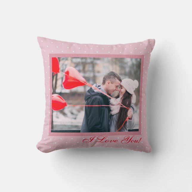 Your Photo Valentine's Day Pink White Polka Dots Cushion (Front)