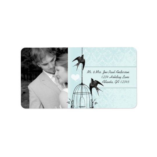 Your Photo Wedding Vintage Bird Cage Aqua Damask Address Label