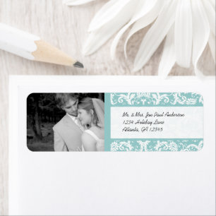Your Photo Wedding Vintage Damask Aqua Blue Return Address Label