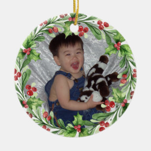 Your Photo With Holly And Red Berries Wreath  Ceramic Ornament