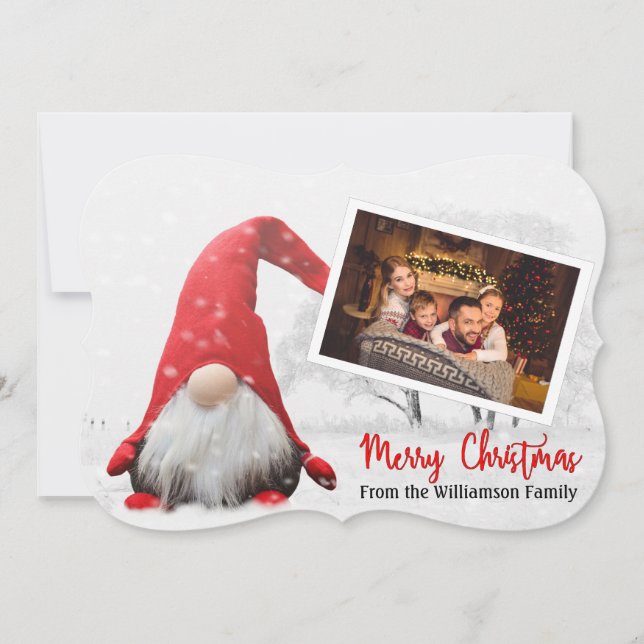 Your Photo With Snowy Christmas Gnome Fancy Cut Holiday Card (Front)