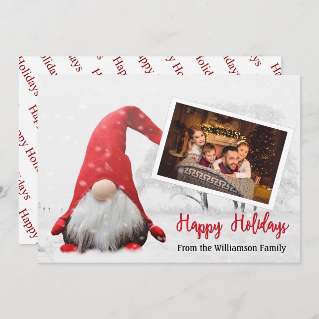 Your Photo With Snowy Gnome Happy Holidays Holiday Card (Front/Back)