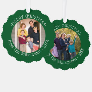 Your Photos and Name Green Border Christmas Tree Decoration Card