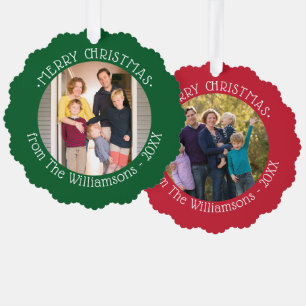 Your Photos and Name Red Green Borders Christmas Tree Decoration Card