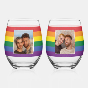 YOUR Photos & Custom Names Rainbow Flag Stemless Wine Glass