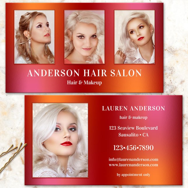 Your Photos Glam Hair Beauty Business Card (Glam colorful photo business card for a beauty professional, hair stylist, makeup or nail salon)