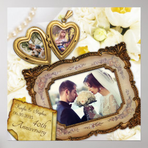 Your Photos Heart Locket Antique Frame Anniversary Poster