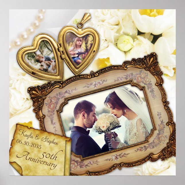 Your Photos Heart Locket Antique Frame Anniversary Poster (Front)
