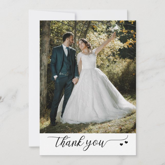 Your Photos Script Black and White Wedding Thank You Card (Front)
