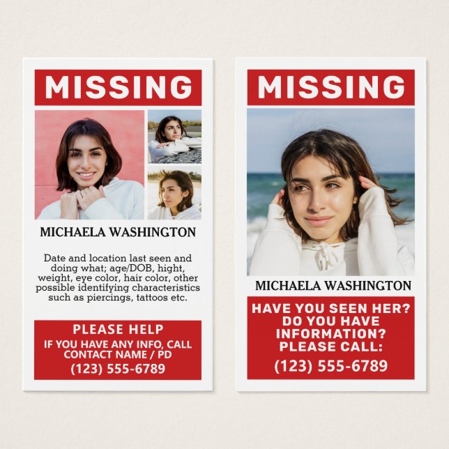 YOUR Photos & Text "MISSING PERSON" (Front & Back)