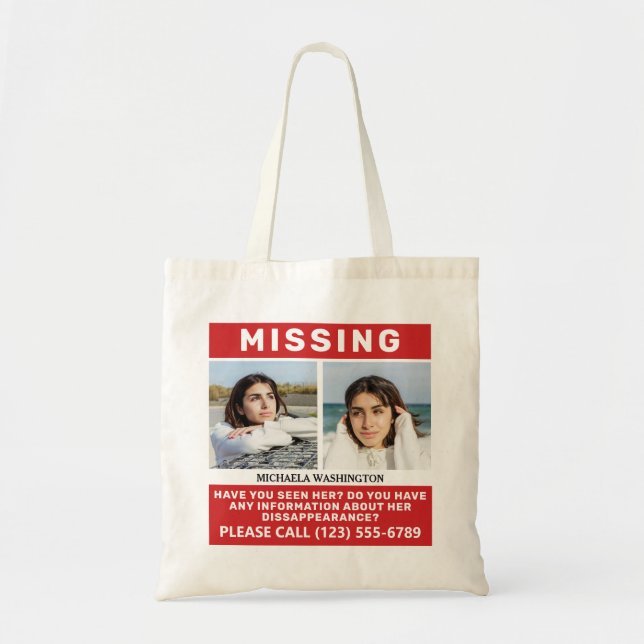 YOUR Photos & Text "MISSING PERSON" Tote Bag (Front)