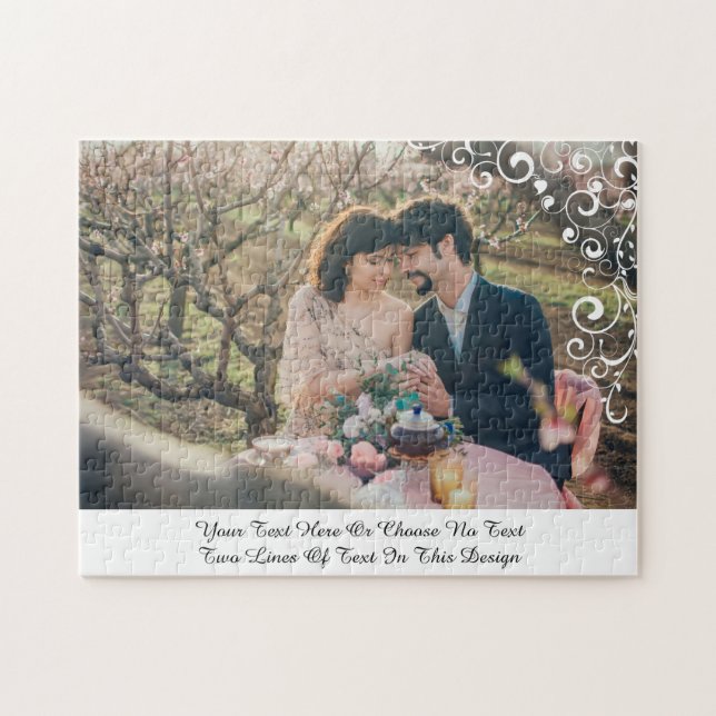 Your Pic&Text Elegant White Floral Swirl Filigree Jigsaw Puzzle (Horizontal)