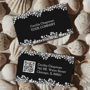   Your QR Code Floral Black Elegant Stylish Gothic Business Card