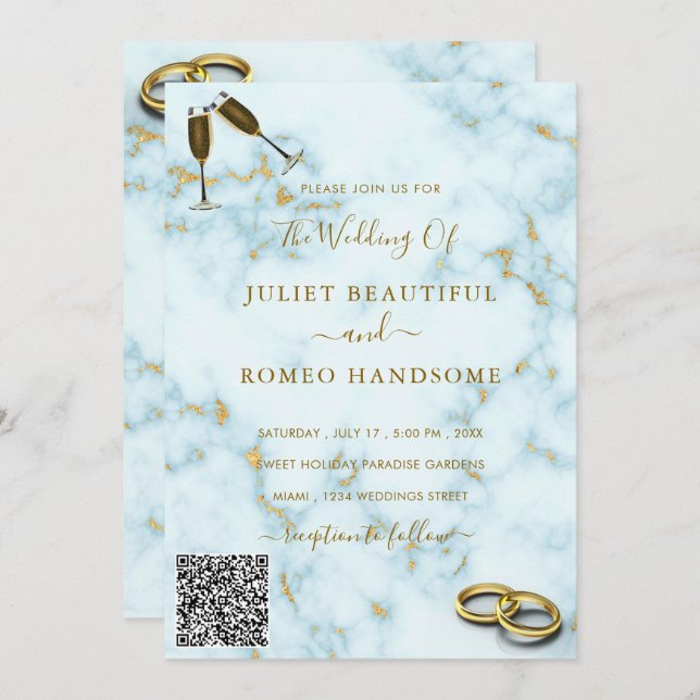 Your QR Code Gold White Marble Wedding Invitation (Front/Back)