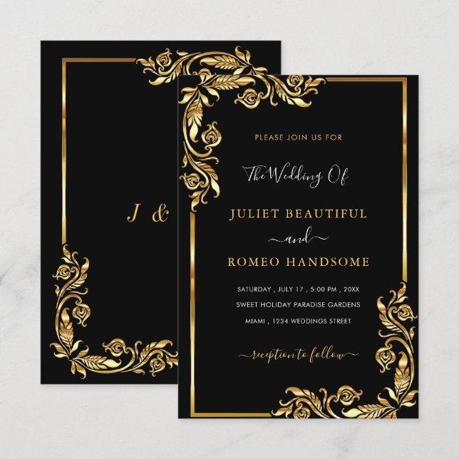 Your QR Code Info Black Gold Wedding Invitation (Front/Back)