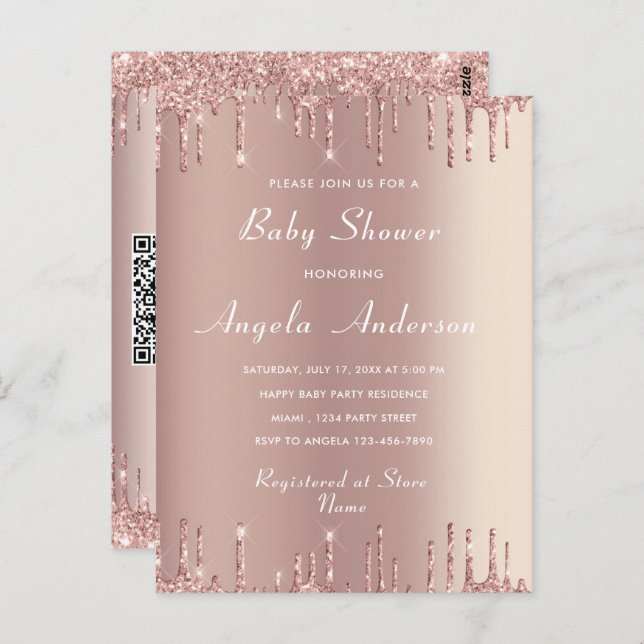 Your QR Code Rose Gold Baby Girl Shower Invitation Postcard (Front/Back)