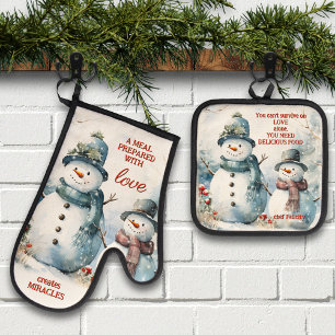 Your Quotes Watercolor Snowman Christmas Oven Mitt & Pot Holder Set