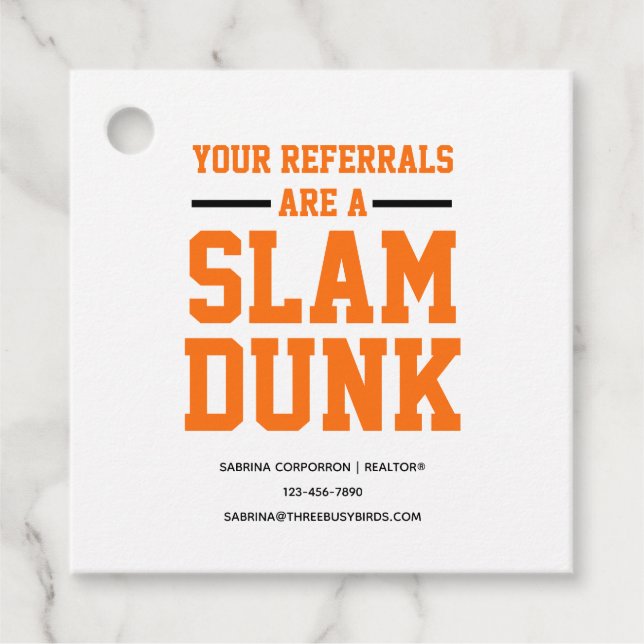Your referrals are a slam dunk with contact detail favour tags (Front)