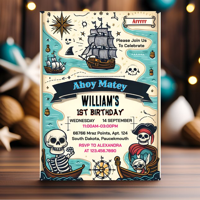 Your Ship Kids Cool Flag Boat Pirate 1st Birthday Invitation (Creator Uploaded)