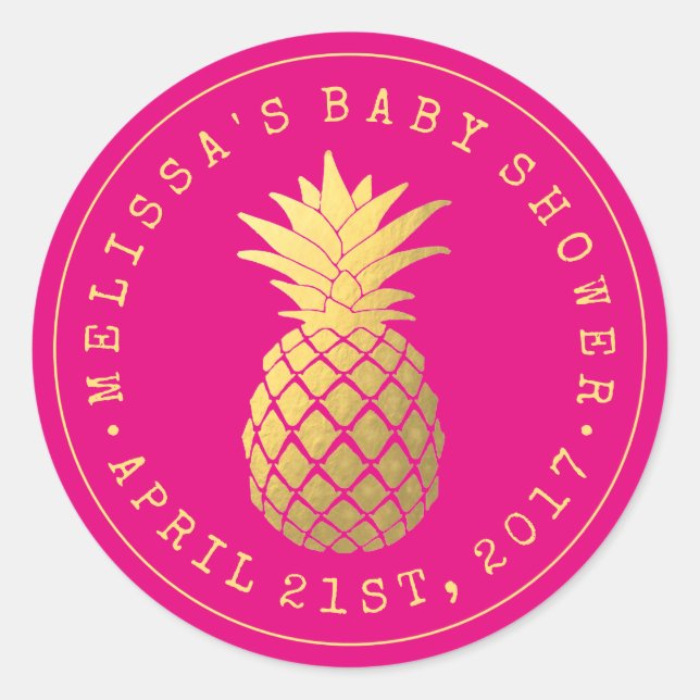 Your Shower | Elegant Golden Pineapple Classic Round Sticker (Front)
