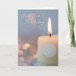 Your Sons Birthday Remembrance with Candle Card<br><div class="desc">A lit candle with a blue-grey Celtic knot accent and bokeh lights in the background is used to remember someone's son on his birthday. Let friends know how much their son has meant to you and others with this birthday remembrance paper greeting card. Special original verse written inside. Art, image,...</div>