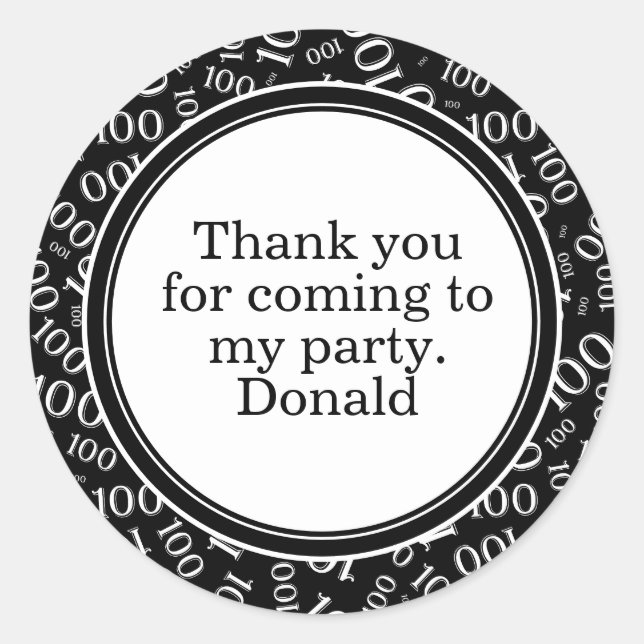 Your Text 100th Random Number Pattern Black/White Classic Round Sticker (Front)