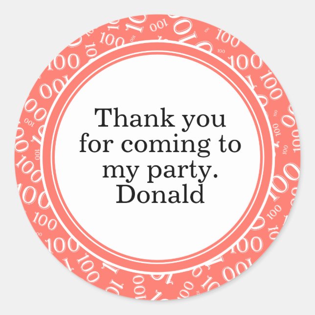 Your Text 100th Random Number Pattern Coral/White Classic Round Sticker (Front)