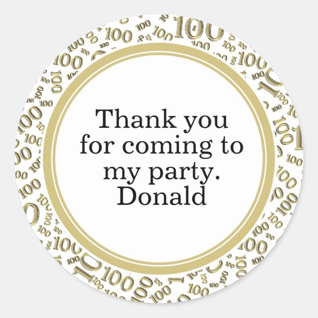 Your Text 100th Random Number Pattern Gold/White Classic Round Sticker (Front)
