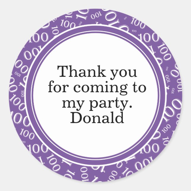 Your Text 100th Random Number Pattern Purple/White Classic Round Sticker (Front)