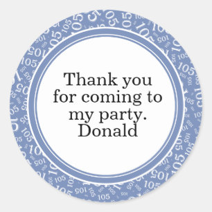 Your Text 105th Random Number Pattern Blue/White Classic Round Sticker