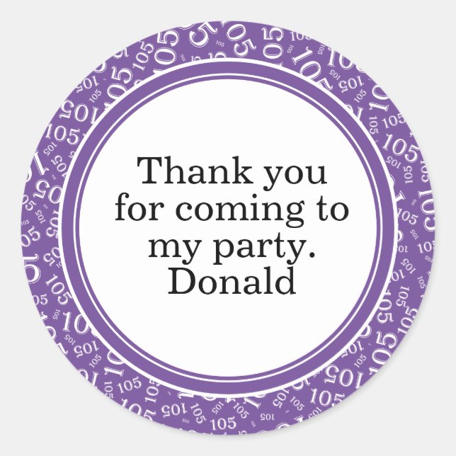 Your Text 105th Random Number Pattern Purple/White Classic Round Sticker (Front)