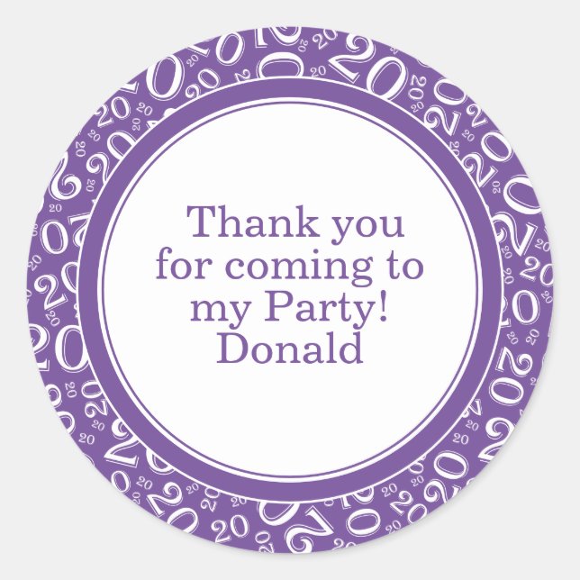  Your Text 20th Random Number Pattern Purple/White Classic Round Sticker (Front)
