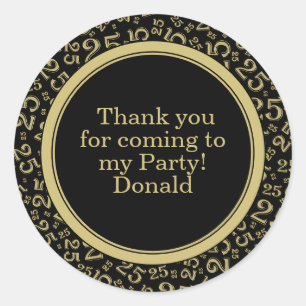 Your Text 25th Random Number Pattern Black/Gold Classic Round Sticker