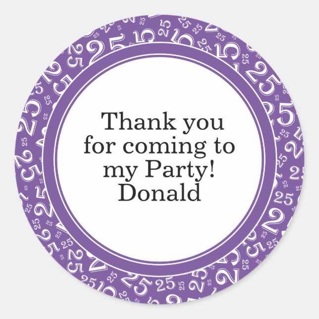  Your Text 25th Random Number Pattern Purple/White Classic Round Sticker (Front)