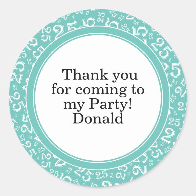  Your Text 25th Random Number Pattern Teal/White Classic Round Sticker (Front)