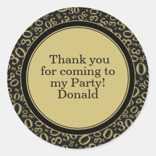 Your Text 30th Random Number Pattern Black/Gold Classic Round Sticker