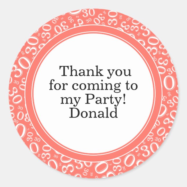  Your Text 30th Random Number Pattern Coral/White Classic Round Sticker (Front)